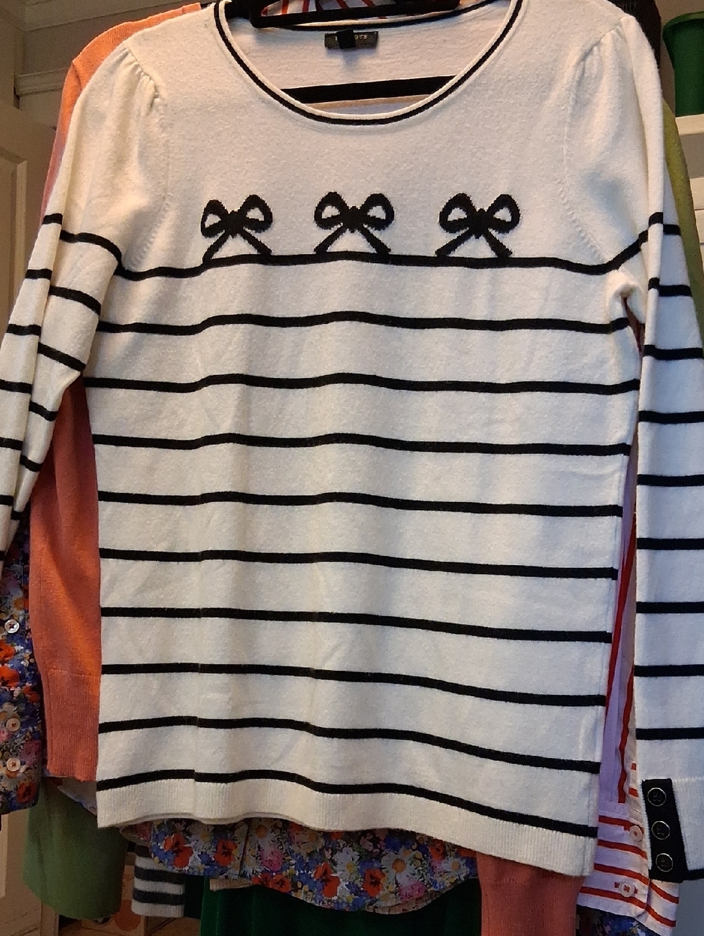 NWOT Striped Bow, Button Cuff, Puff Sleeve Women's Sweater - White/Black